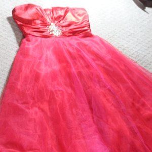 Dressed by Deb Red Satin Bodice with Tulle Skirt Formal Dress